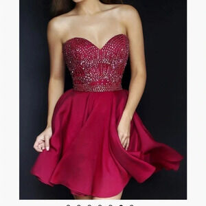 SHERRI HILL corset strapless flounce skater dress,rhinestones fit&flare,glam,red